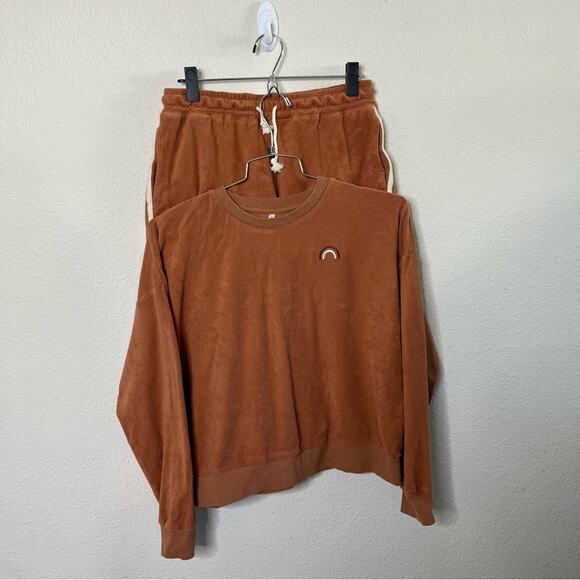 Rylee + Cru SET Terry Cloth 2 Piece Sweatshirt Shorts Terracotta Embroidered S - Picture 2 of 10